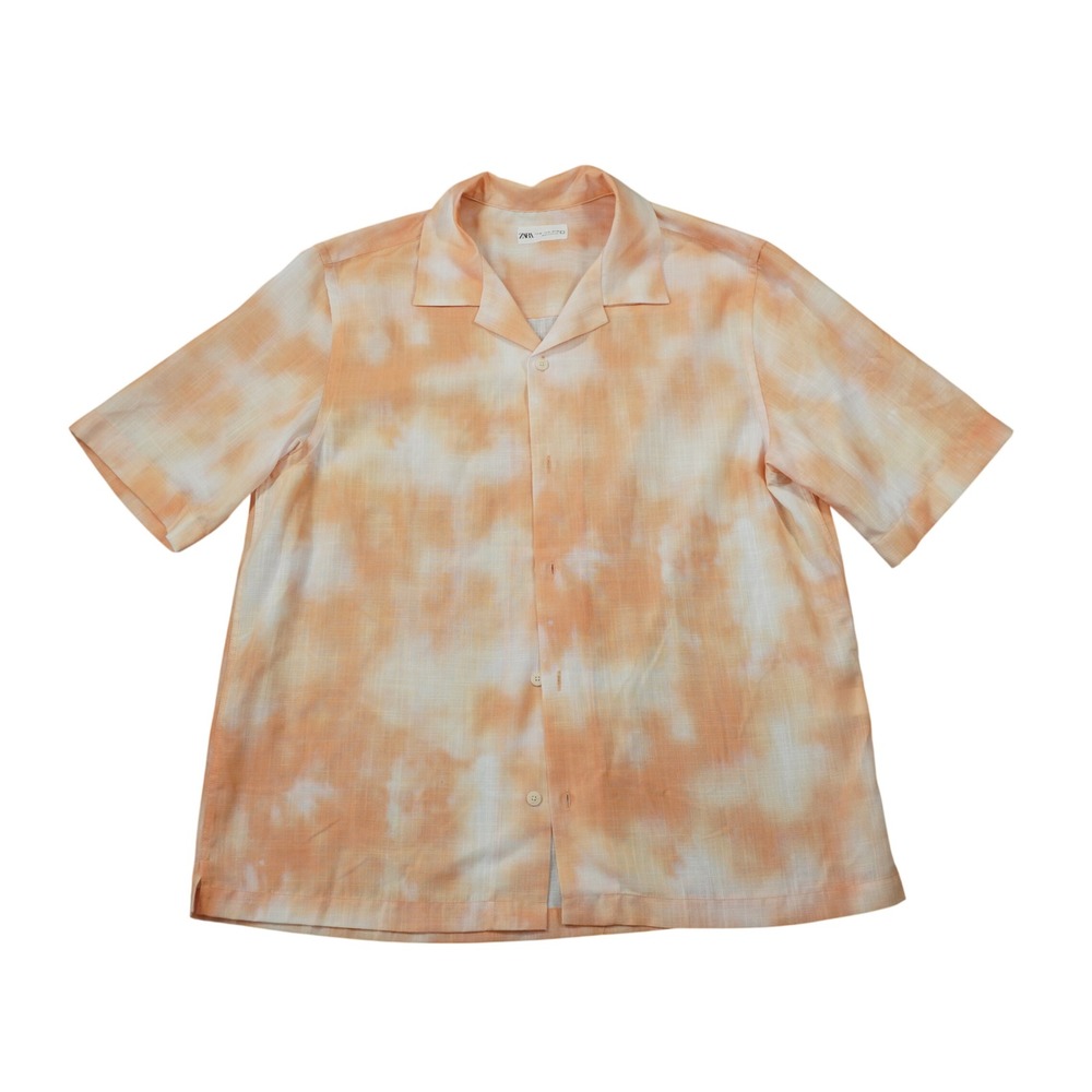 Zara Man Size XL Orange White Tie Dye Camp Collar Short Sleeve Button Up Shirt
